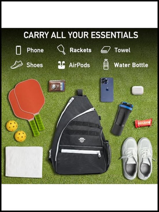 Pickleball Sling Bag with Fence Hook, 3 Compartments, 1000D PVC Coated Cordura